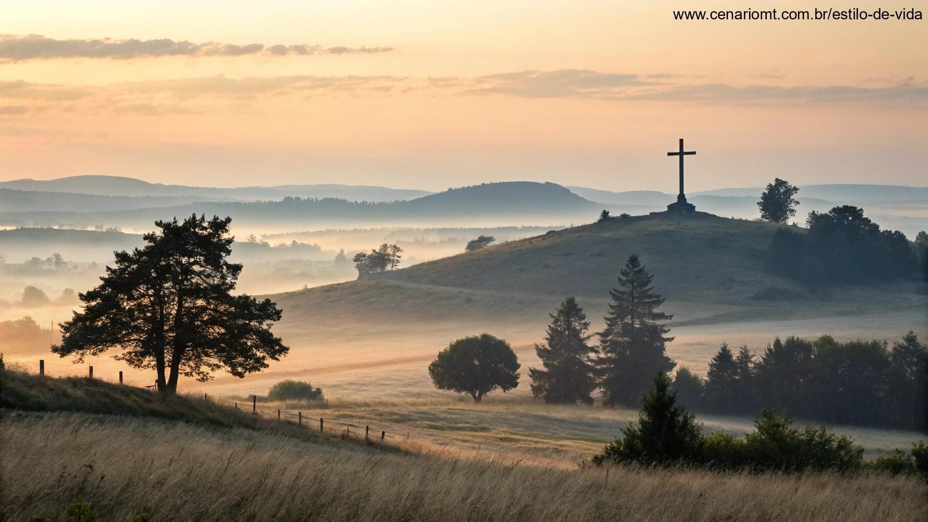 Paisagem natural tranquila ao amanhecer com uma cruz ao longe sobre uma colina, simbolizando a mensagem do versículo do dia