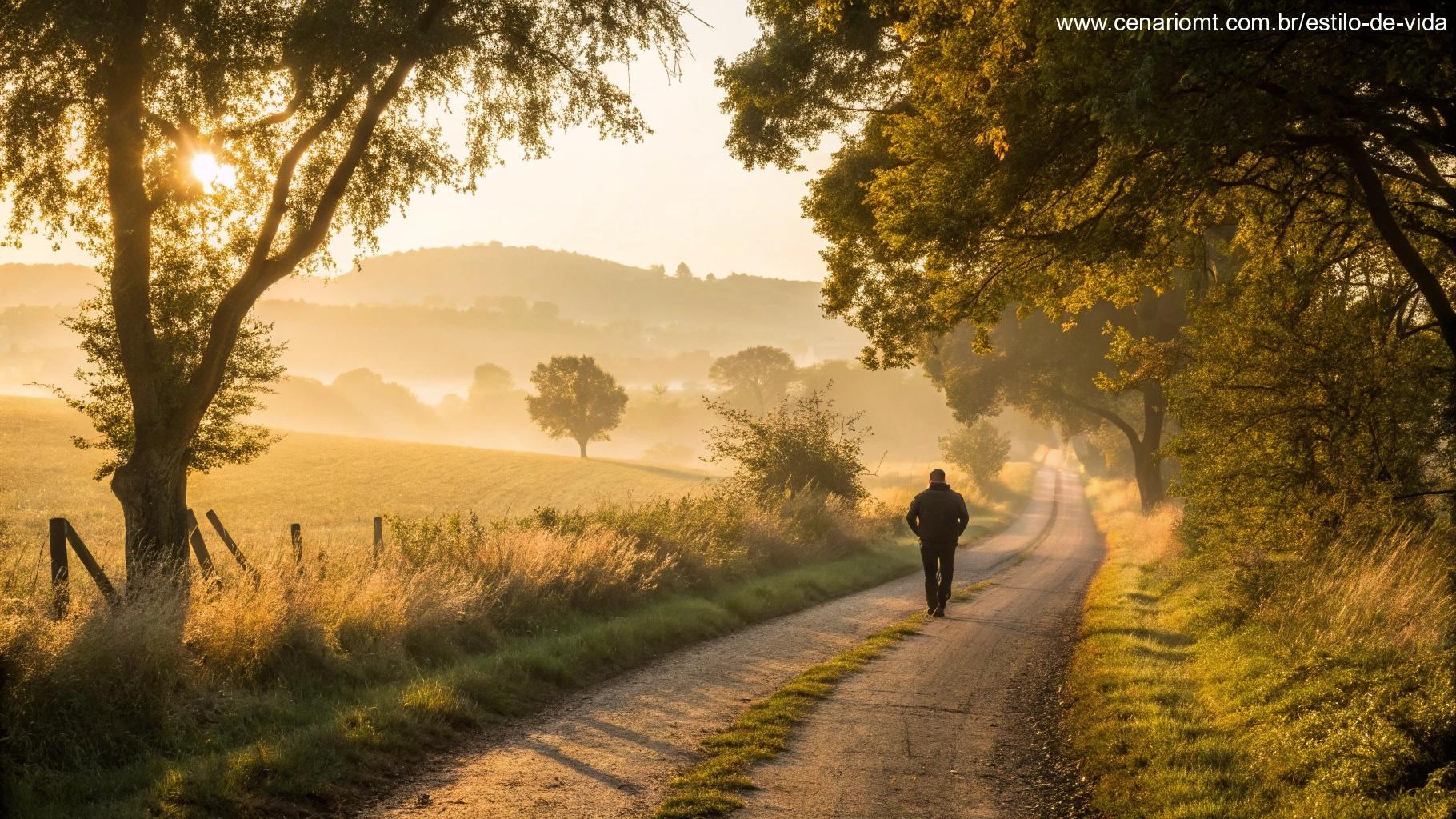 Figura caminhando por estrada tranquila sob luz dourada, representando orientação divina