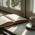 Uma manhã tranquila de domingo, com luz suave filtrando pela janela, iluminando uma Bíblia aberta e uma xícara de café ao lado.