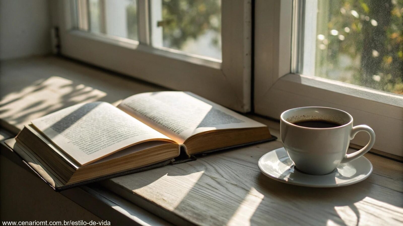Uma manhã tranquila de domingo, com luz suave filtrando pela janela, iluminando uma Bíblia aberta e uma xícara de café ao lado.