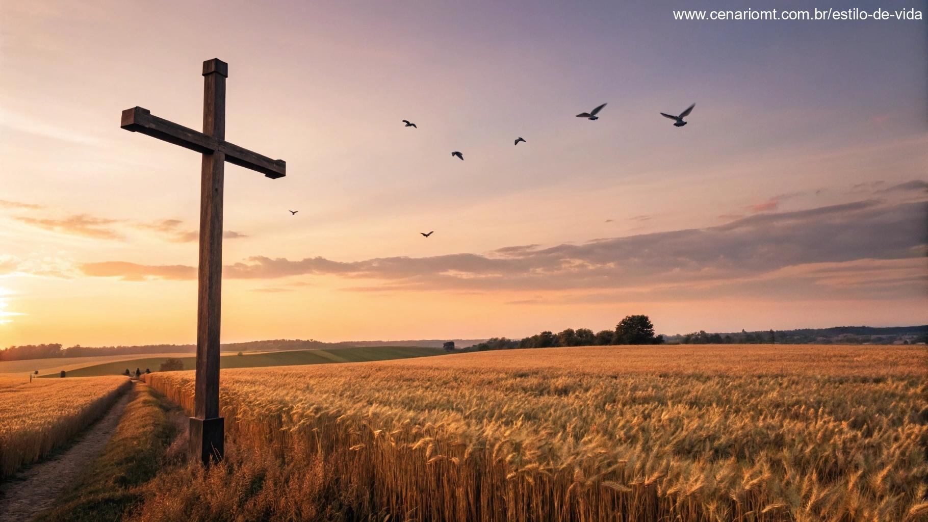 Cruz de madeira em um campo de trigo ao pôr do sol