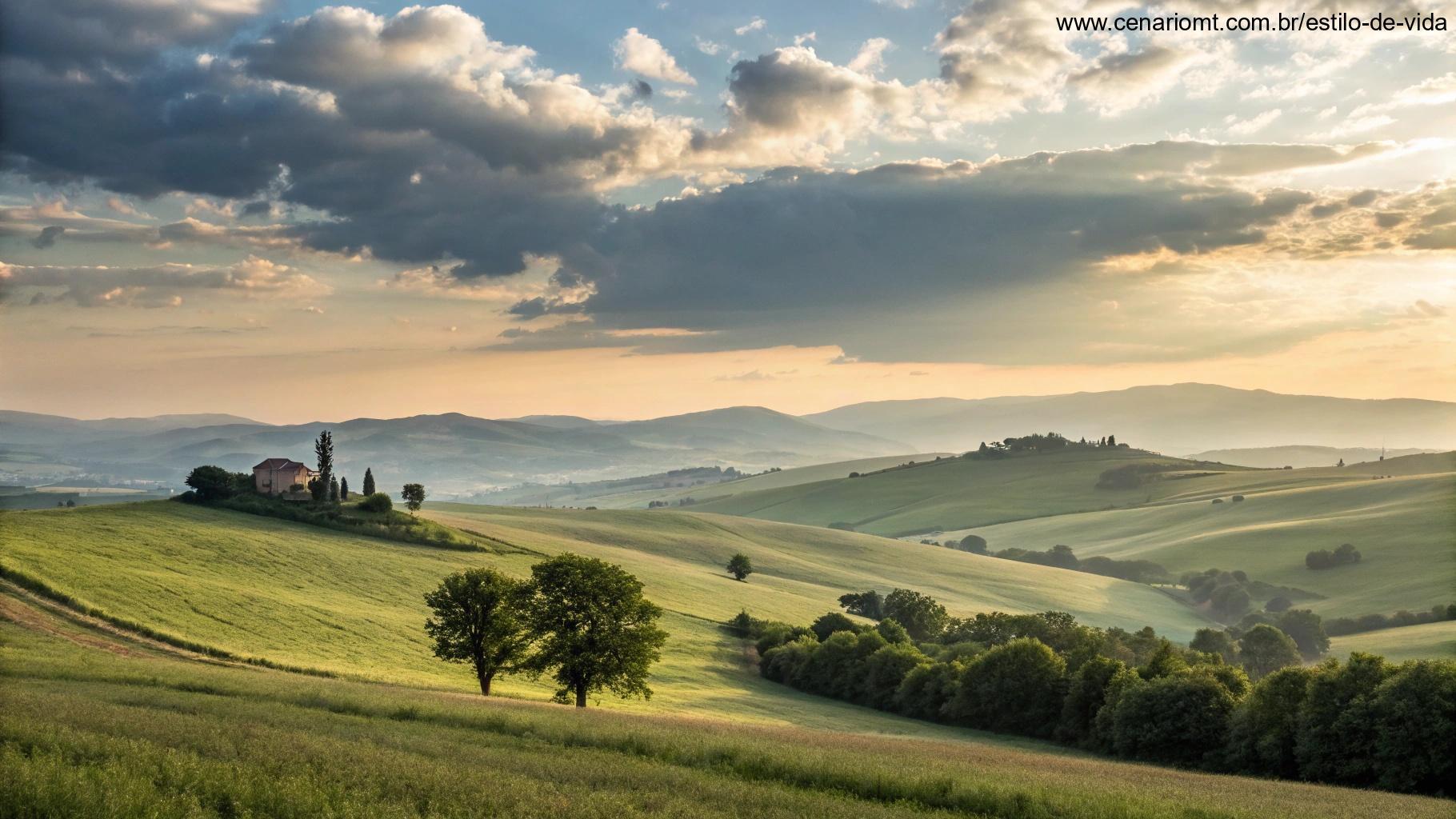 Imagem de uma cena tranquila do campo com colinas suaves, nuvens e um campo silencioso, simbolizando um momento de oração e conexão com Deus.