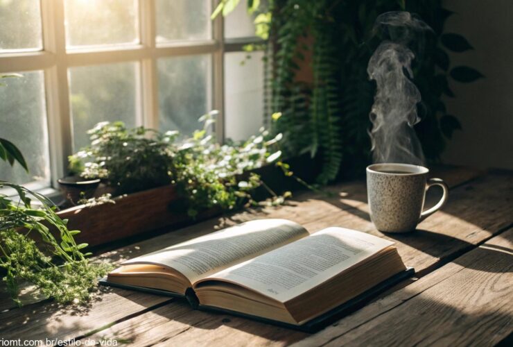 Cena de manhã de sábado com Bíblia aberta, luz do sol e xícara de café transmitindo inspiração e fé