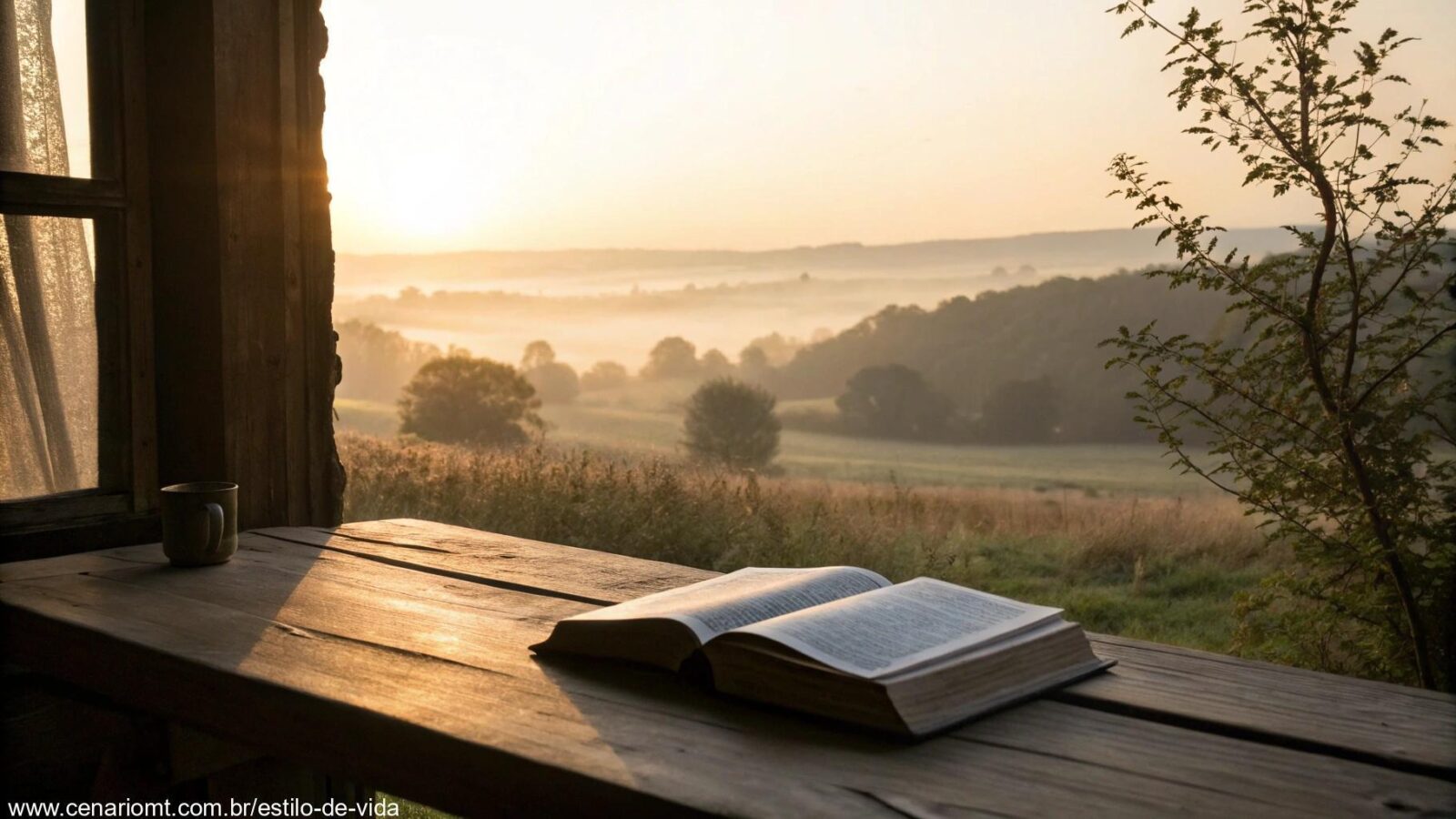 Bíblia aberta ao nascer do sol em uma paisagem tranquila, representando paz e esperança na Palavra de Deus