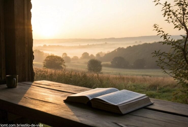 Bíblia aberta ao nascer do sol em uma paisagem tranquila, representando paz e esperança na Palavra de Deus