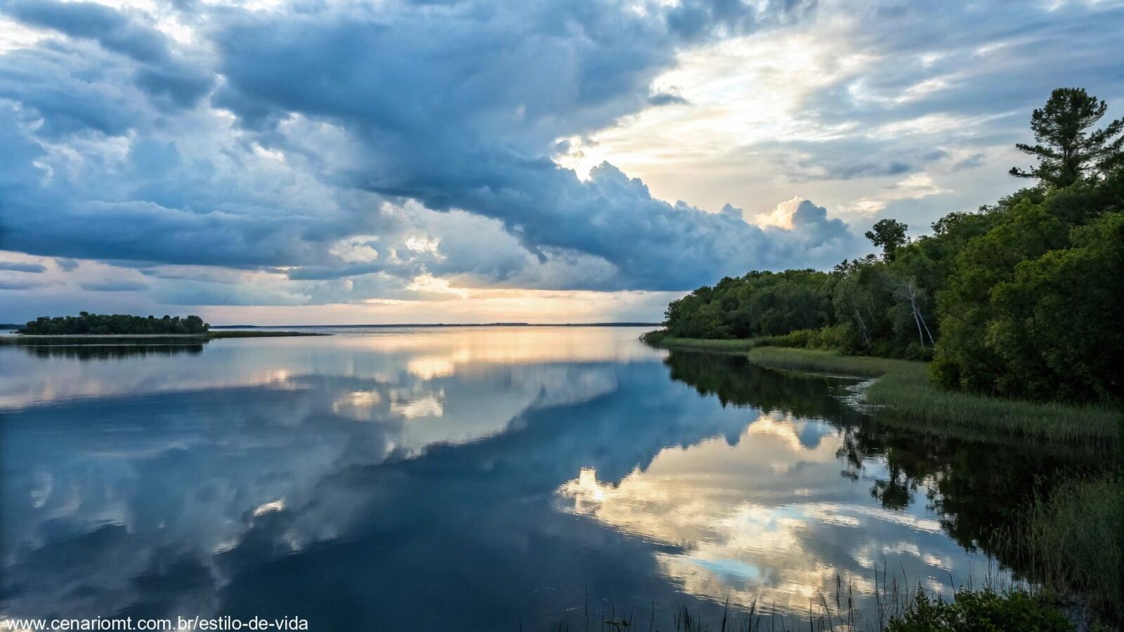 Paisagem serena com águas calmas refletindo o céu, simbolizando paz e reflexão, com iluminação suave e ambiente tranquilo, transmitindo uma sensação de tranquilidade espiritual.