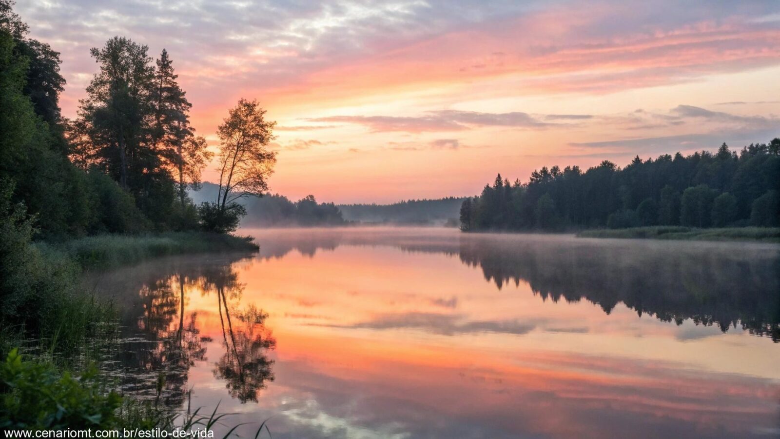 Paisagem serena com um nascer do sol sobre um lago tranquilo, simbolizando a reflexão e oração do dia.