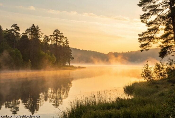 Nascer do sol tranquilo sobre um lago calmo com luz dourada suave e névoa leve, cercado por árvores altas, simbolizando inspiração e reflexão espiritual
