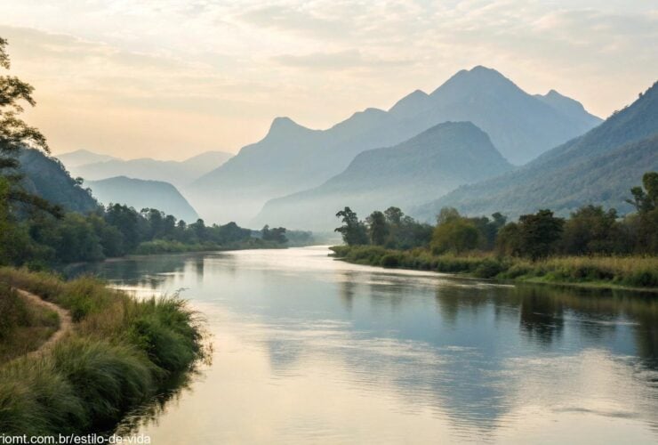 Paisagem tranquila com um rio calmo e montanhas serenas ao fundo, refletindo a tranquilidade do dia.
