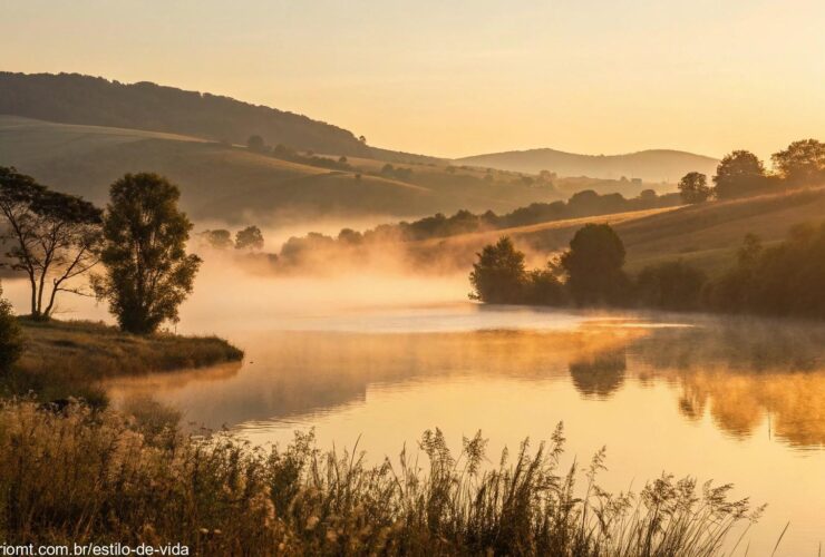 Nascer do sol tranquilo sobre um lago calmo cercado por colinas suaves e névoa matinal, luz dourada iluminando as águas serenas, simbolizando inspiração e jornada espiritual