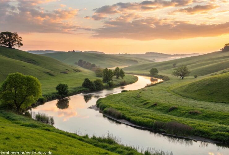 Paisagem serena ao nascer do sol com um rio fluindo entre colinas verdes