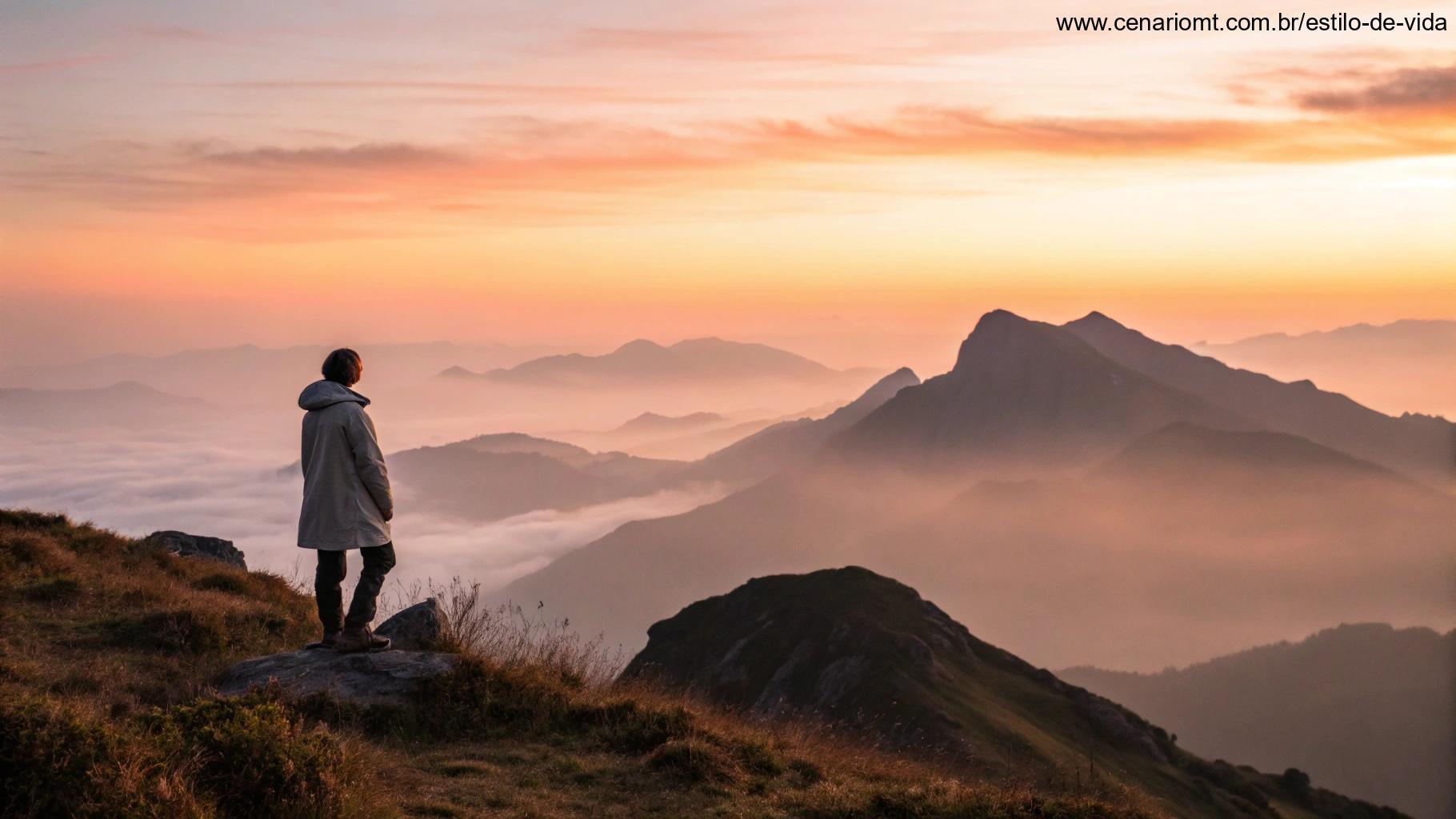 Topo tranquilo de uma montanha ao amanhecer, com uma pessoa em pé, olhando para o horizonte, simbolizando viver com confiança e sabedoria em Deus.