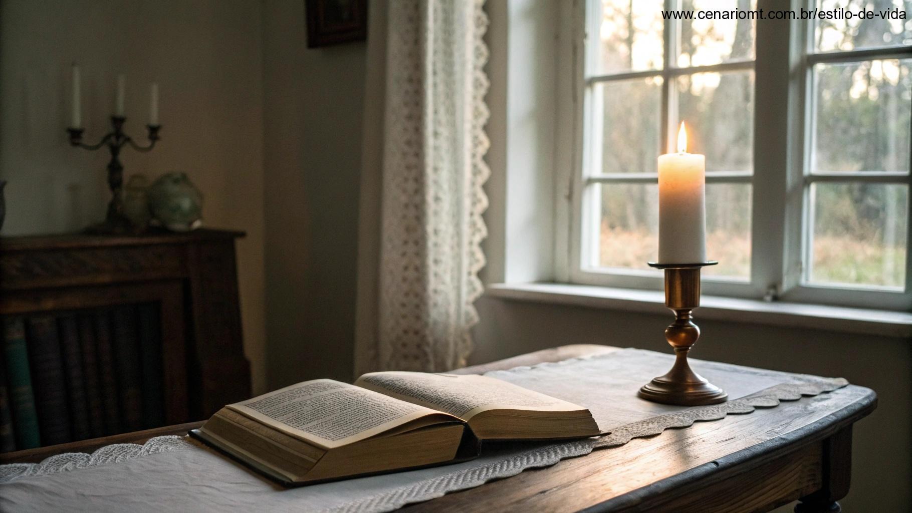 Interior de uma casa com uma bíblia aberta sobre a mesa à luz de velas e luz suave da manhã