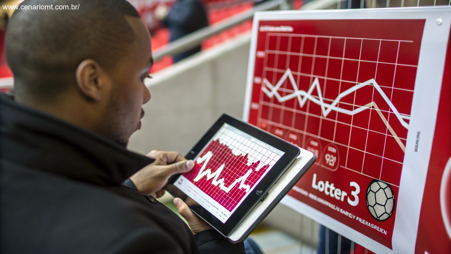 Pessoa analisando padrões de sorteios em um dispositivo digital, com destaque para gráficos em vermelho e branco.