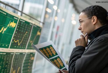 Pessoa pensativa analisando gráficos matemáticos com ênfase nas probabilidades e padrões, com cores verdes e douradas.