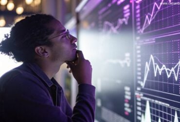 Pessoa pensativa analisando gráficos matemáticos em tons de roxo e branco.