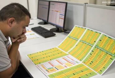 Pessoa pensativa analisando gráficos matemáticos com cores amarelas e verdes representando a loteria Super Sete.