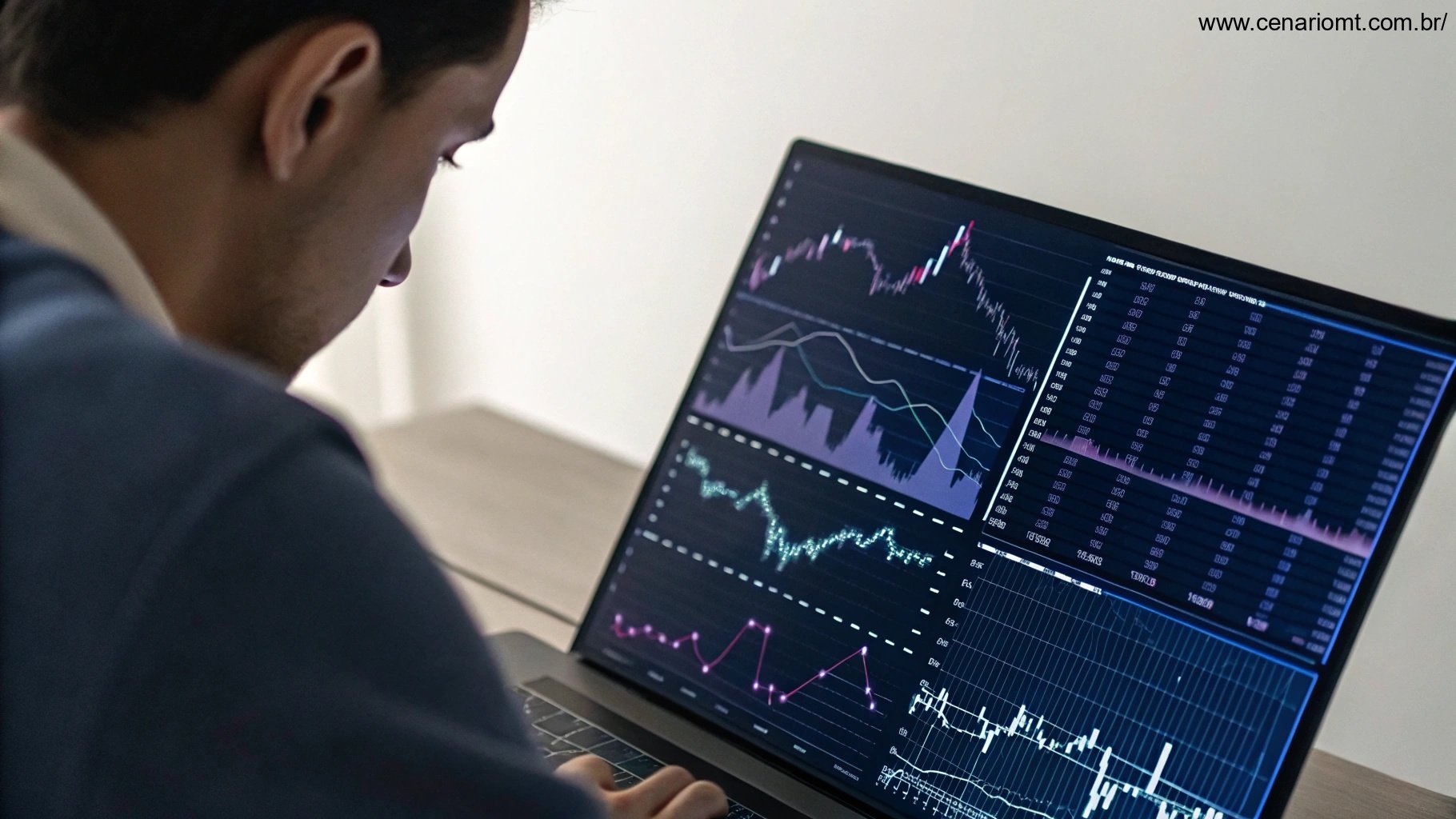 Pessoa examinando gráficos estatísticos com interface futurista