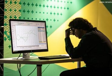 Uma pessoa pensativa olhando para gráficos matemáticos, com o fundo em tons de verde e amarelo.
