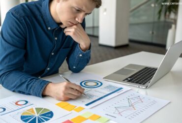 Pessoa pensativa analisando gráficos matemáticos, com cores inspiradas na loteria Maior Milionária.