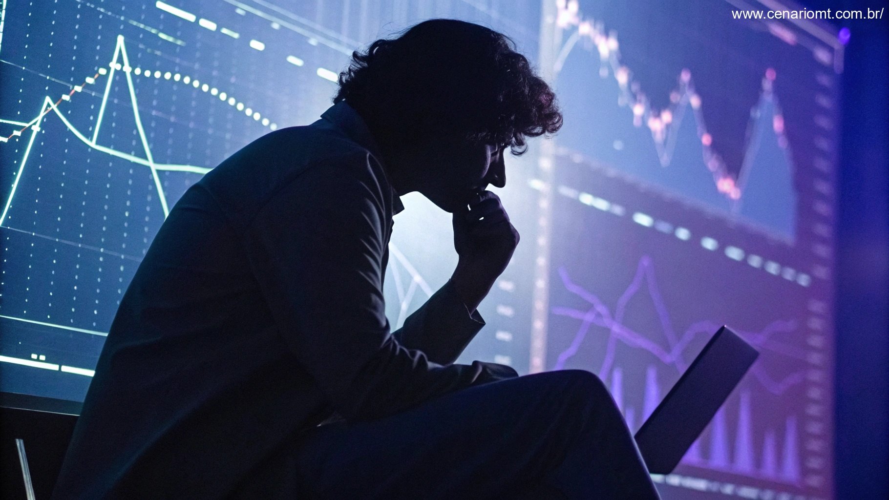Pessoa pensativa analisando gráficos matemáticos em uma tela digital