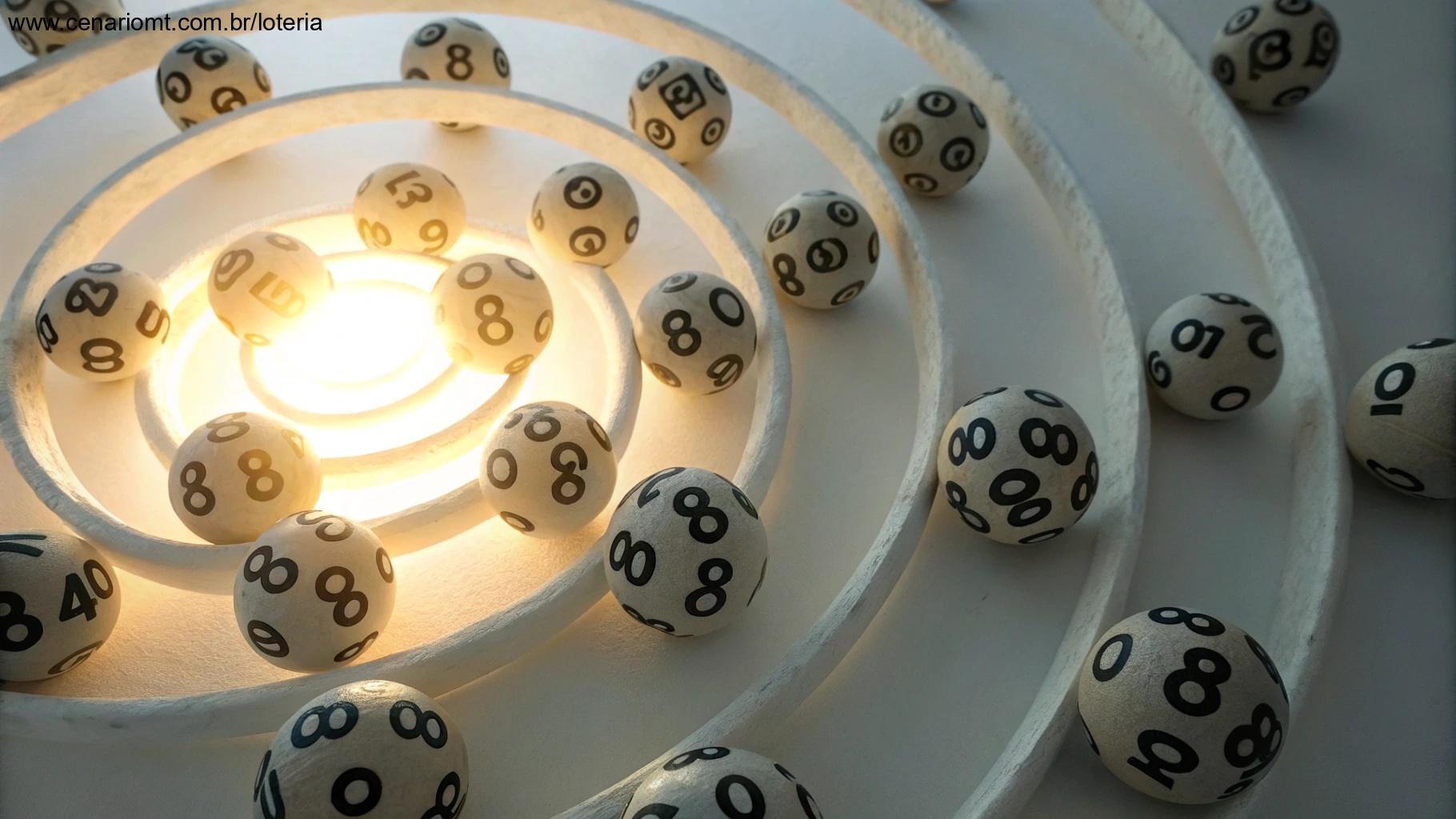 Bolas de loteria flutuando em formação espiral, representando combinações de números