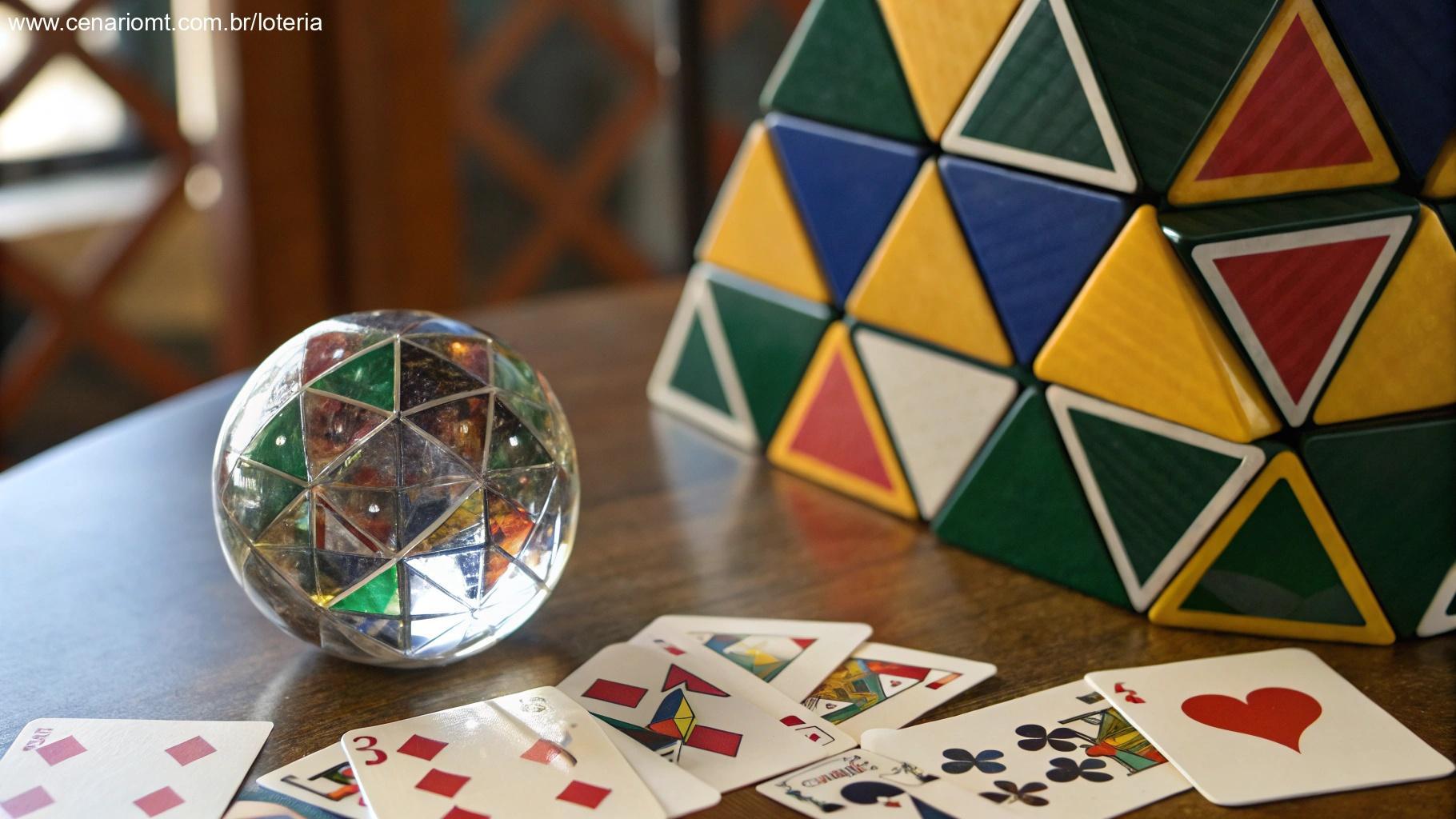 Formas geométricas coloridas com bola de cristal refletindo gráficos