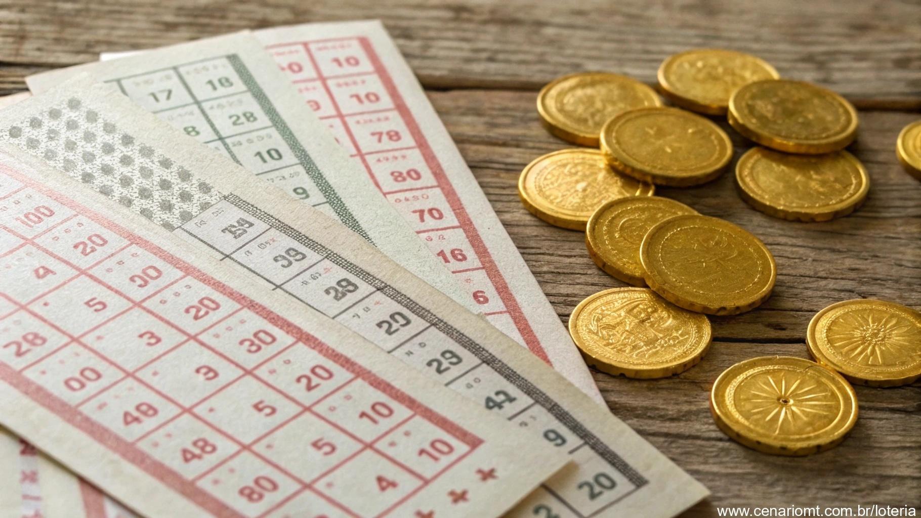 Imagem apresentando curiosidades sobre a Dupla Sena, com bilhetes antigos e moedas douradas.