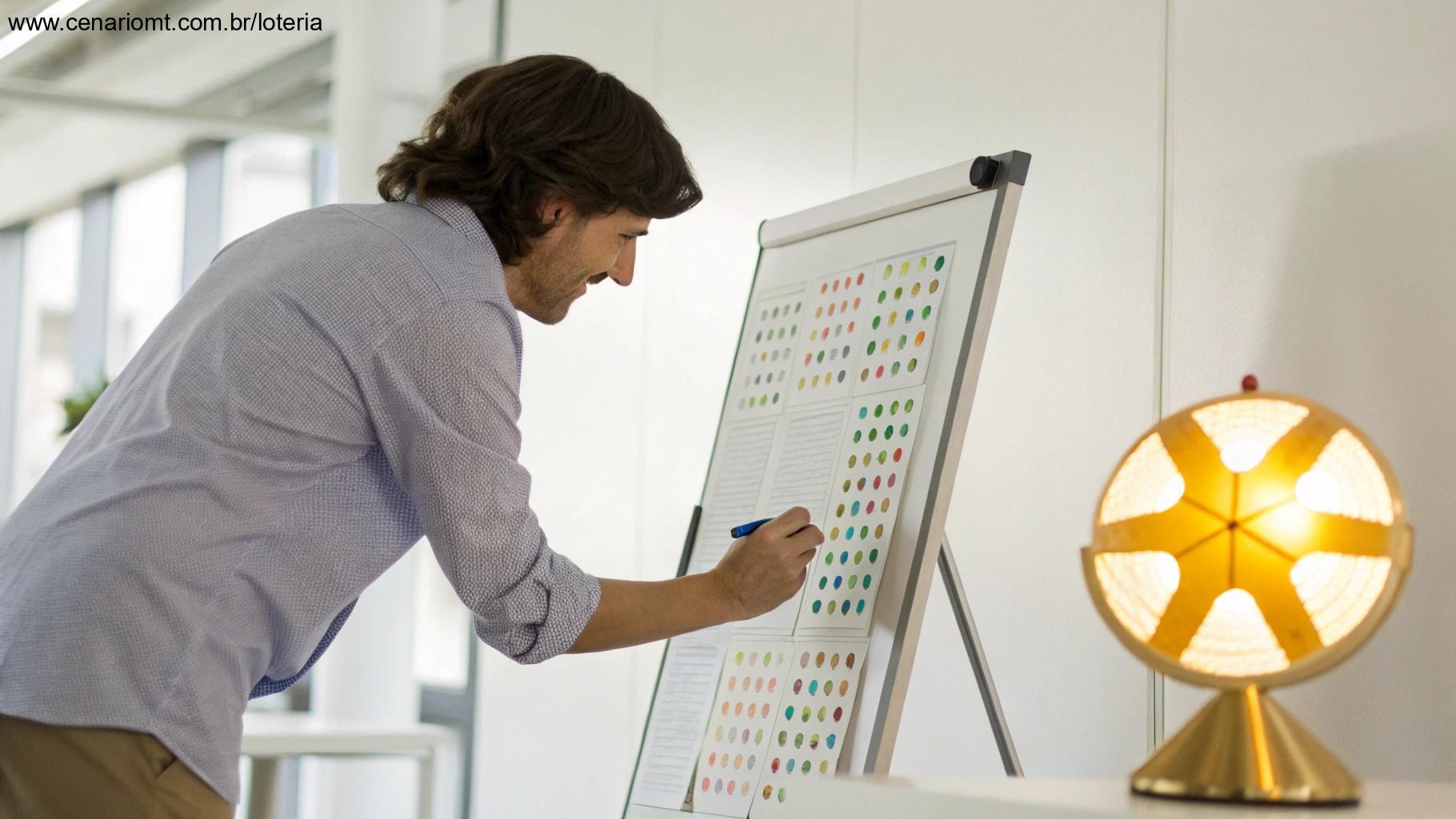 Imagem inspiradora mostrando uma pessoa analisando estatísticas da Lotofácil em um quadro, sugerindo dicas para aumentar as chances de ganhar.