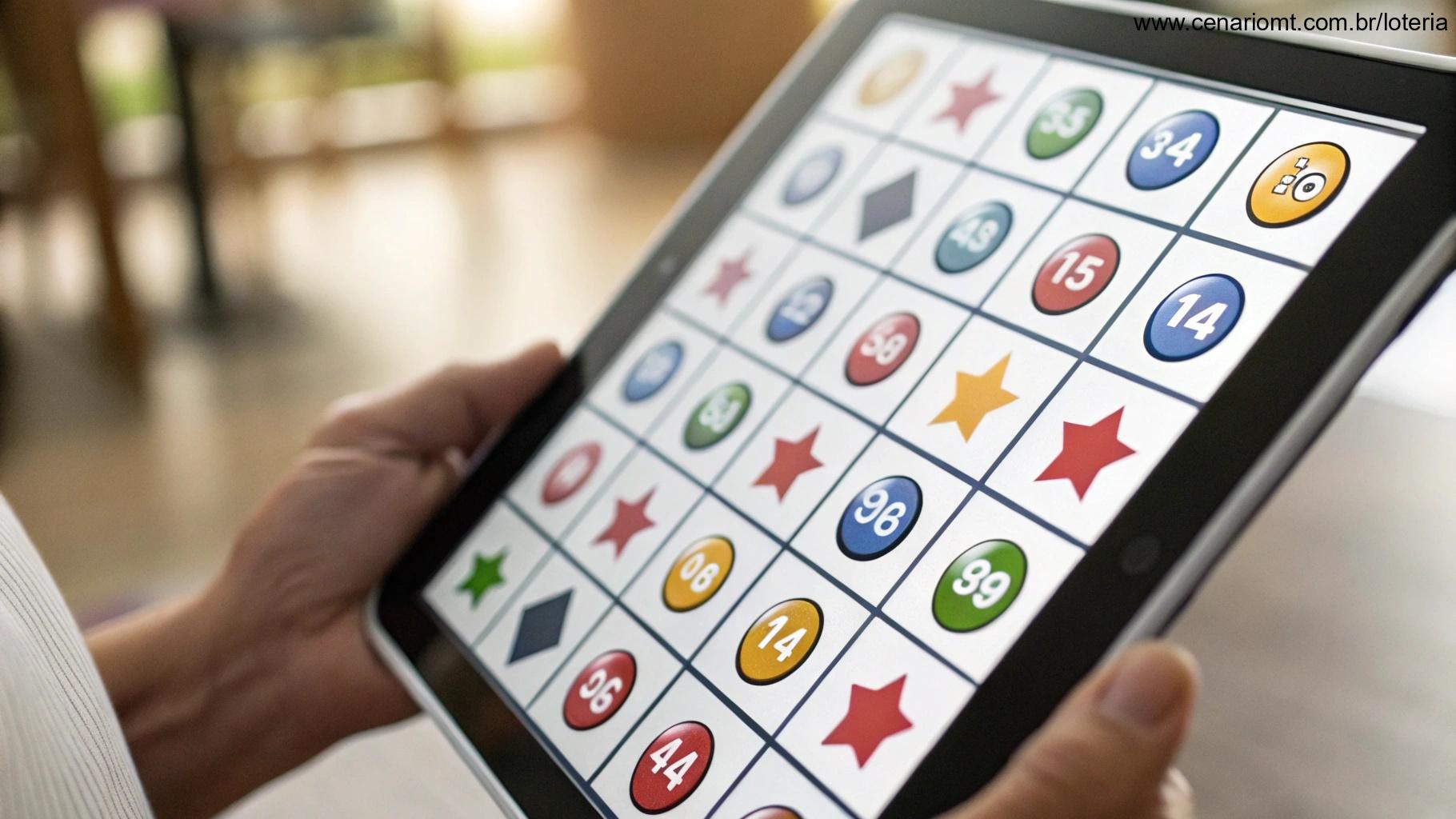 Representação dinâmica e artística de uma interface digital de loteria com ícones e números, sugerindo uma plataforma amigável para entusiastas de loteria.