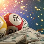 Ilustração vibrante com bolas de loteria numeradas e pilhas de dinheiro representando o prêmio acumulado da Lotofácil de R$ 5 milhões.