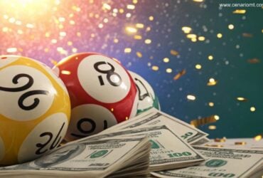 Ilustração vibrante com bolas de loteria numeradas e pilhas de dinheiro representando o prêmio acumulado da Lotofácil de R$ 5 milhões.