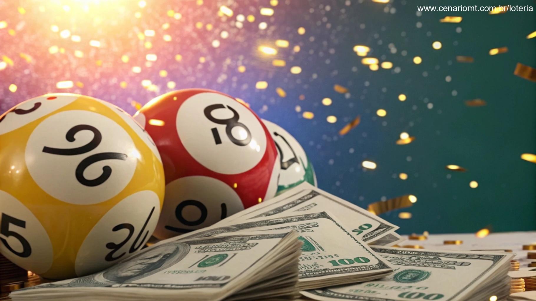 Ilustração vibrante com bolas de loteria numeradas e pilhas de dinheiro representando o prêmio acumulado da Lotofácil de R$ 5 milhões.