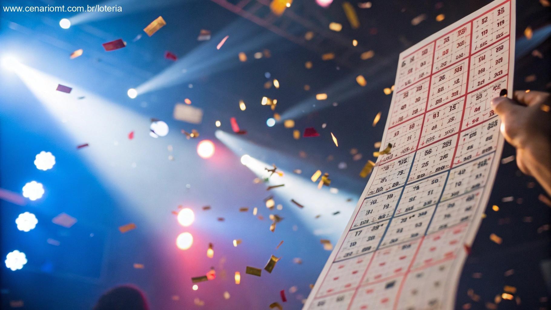 Imagem vibrante destacando um número da sorte em um bilhete de loteria, cercado por luzes brilhantes e confetes, representando o palpite do dia para Lotofácil.