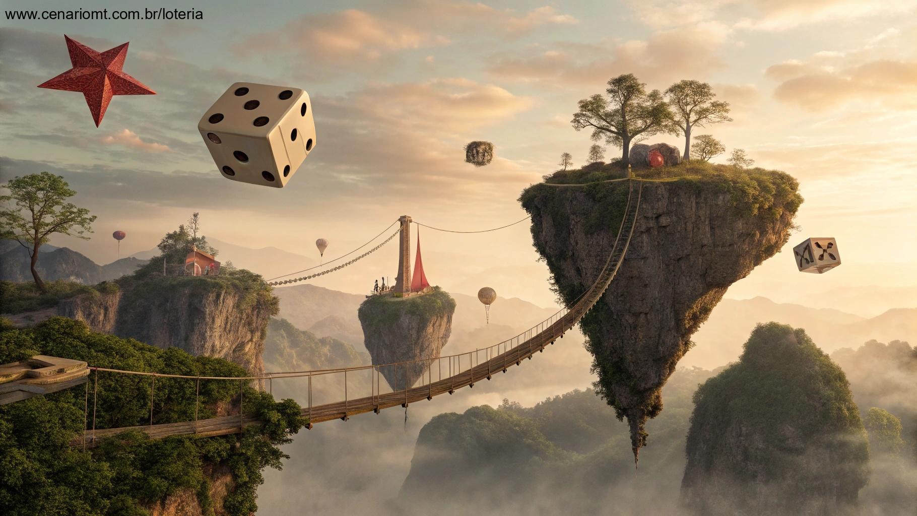 Paisagem surreal com ilhas flutuantes de símbolos de sorte conectadas por gráficos