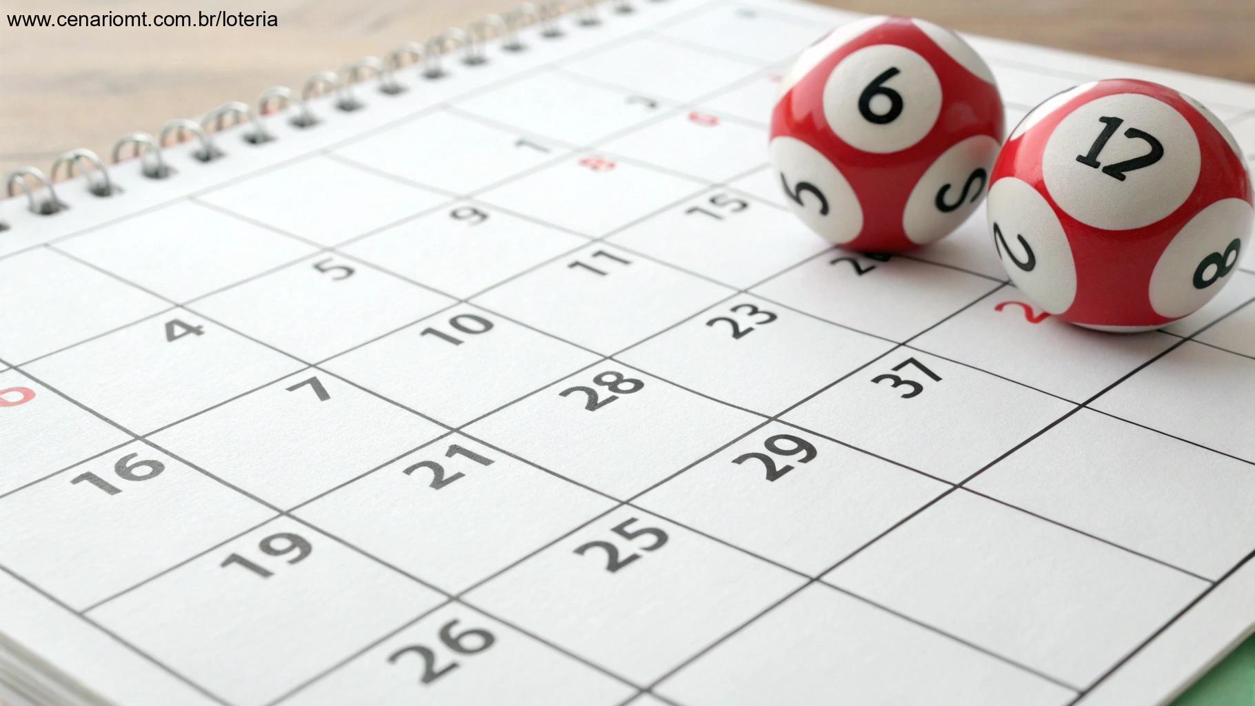Calendário marcando os dias de sorteio da Lotofácil com destaque para a próxima data.