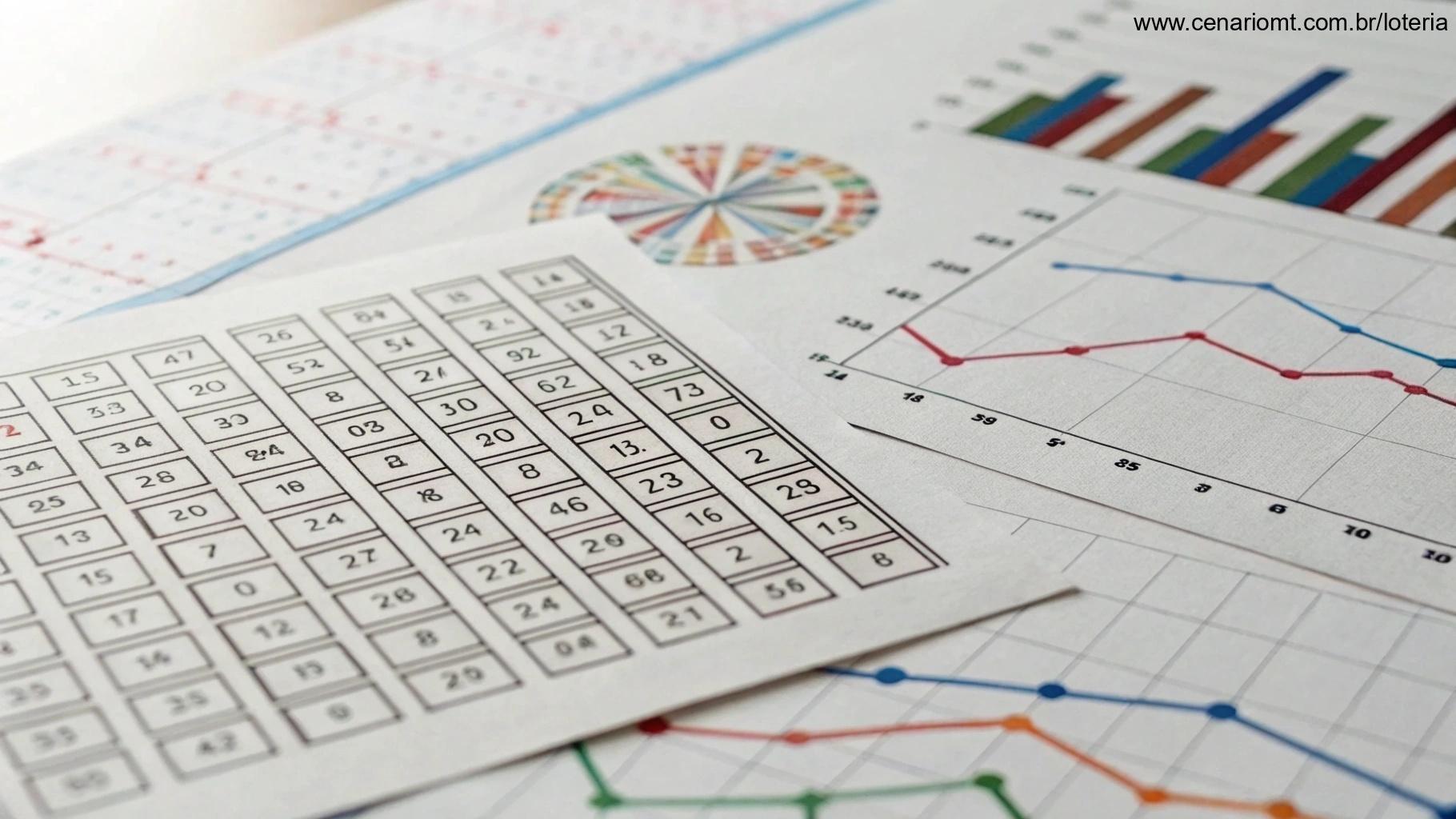 Representação estatística das chances de ganhar na Lotofácil, com gráficos e bilhete de loteria.
