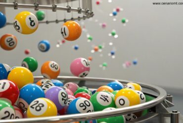 Representação visual de um sorteio de loteria da Mega Sena com bolas saindo de uma máquina