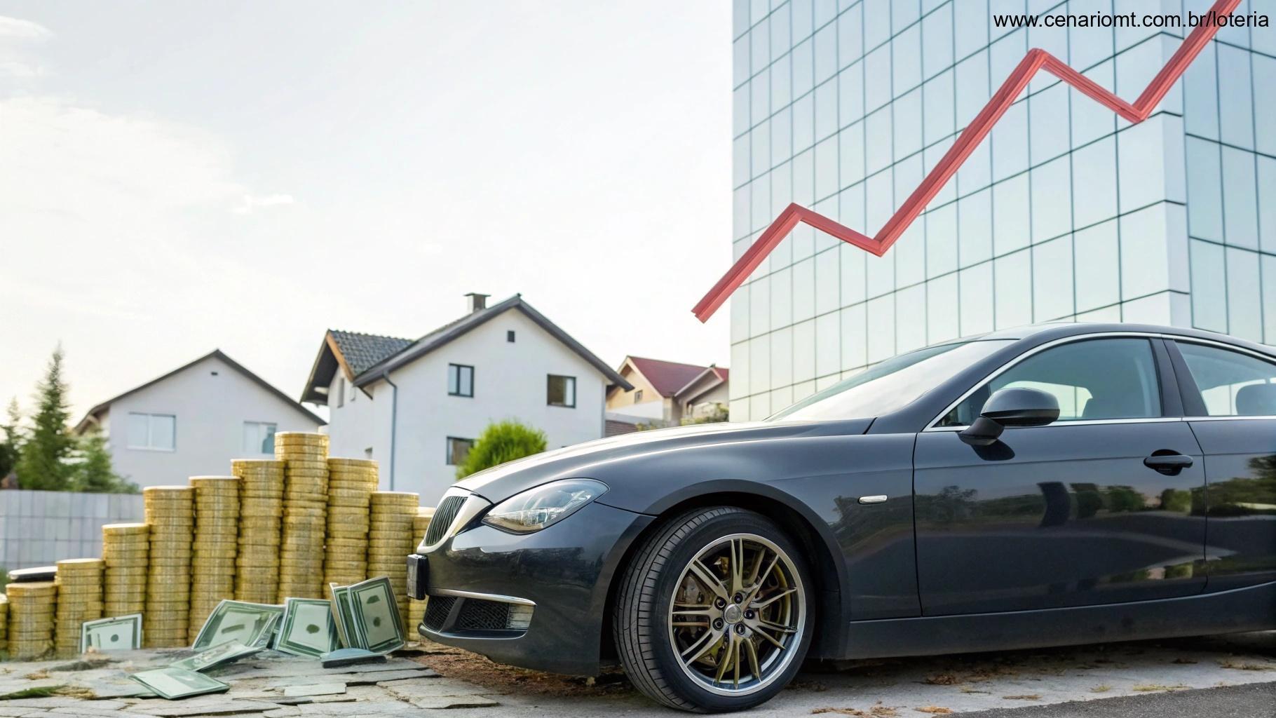 Imagem de um carro moderno com símbolos de sorte e gráficos relacionados à loteria.