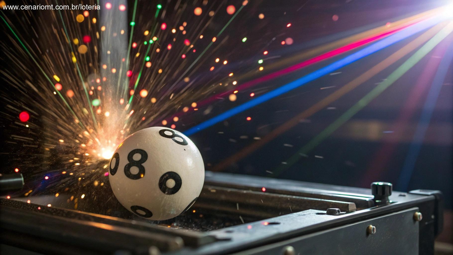 Representação artística de uma bola de loteria caindo em uma máquina, com efeitos de luz dinâmica e um estouro de cores simbolizando excitação e expectativa.
