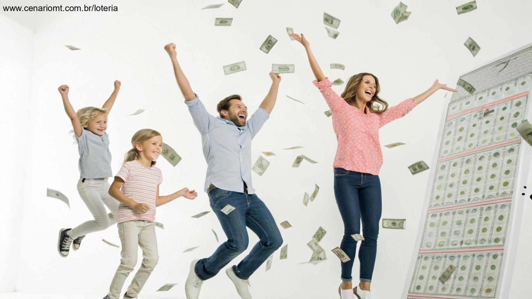 Família feliz comemorando um grande prêmio da loteria