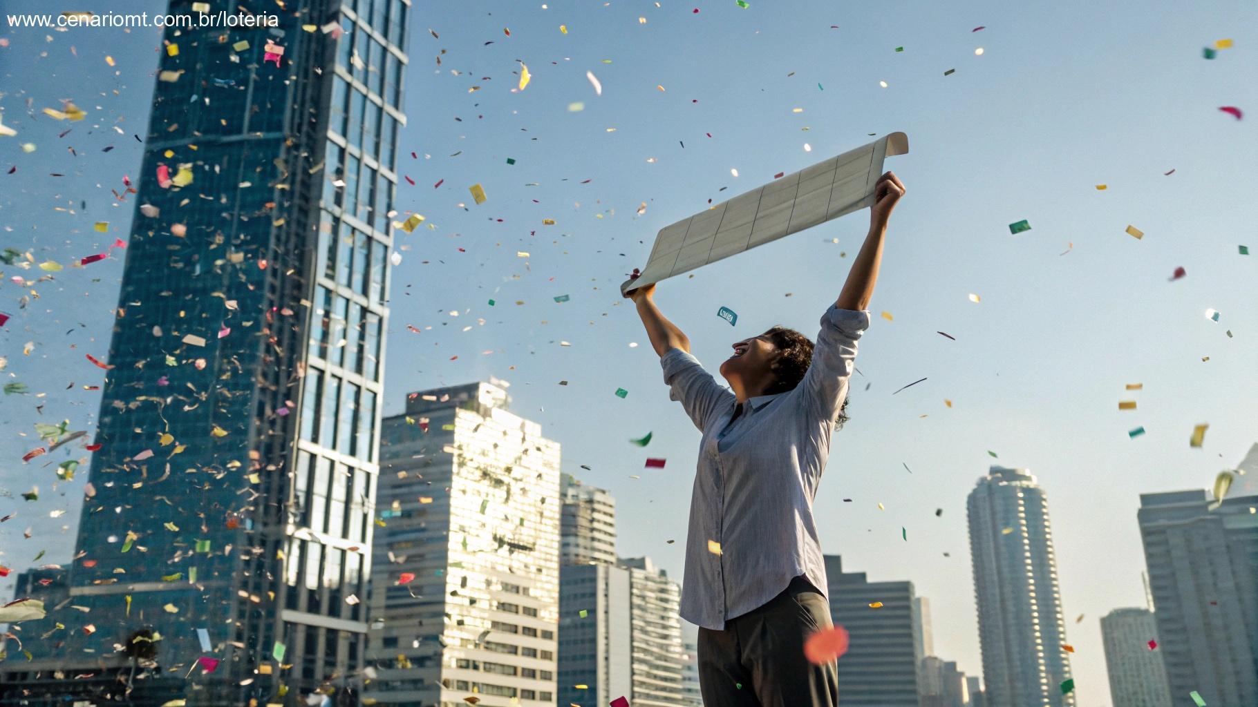 Pessoa comemorando vitória na Quina com um cheque gigante