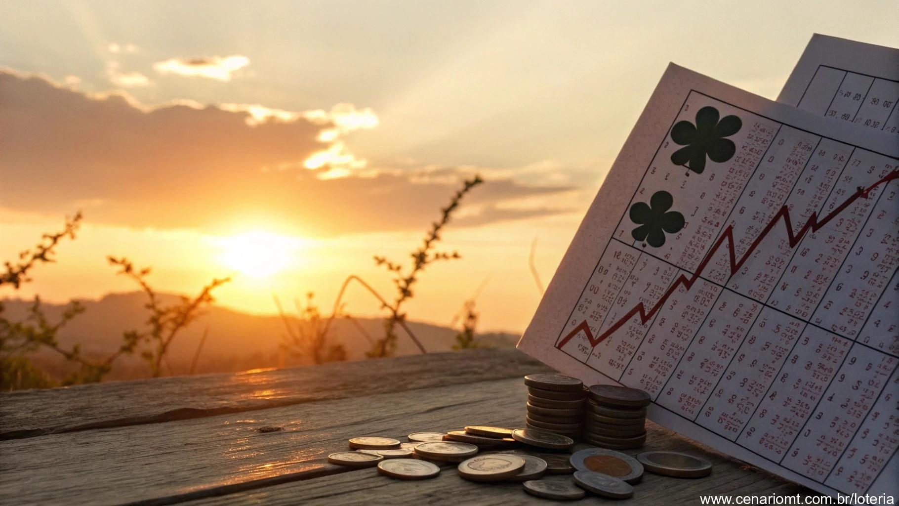Cenário de pôr do sol com um bilhete de loteria e gráfico de resultados positivos, símbolos de sorte como trevos e moedas.