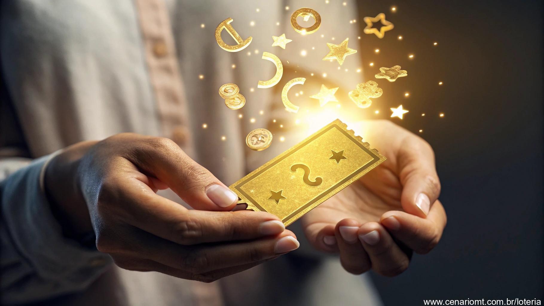 Mãos segurando um bilhete dourado da loteria com luz brilhante e símbolos de sorte