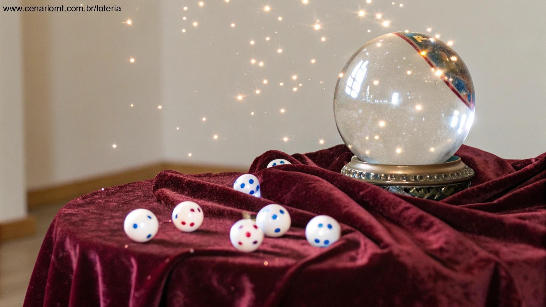 Bola de cristal com bolas de loteria flutuando, representando palpites