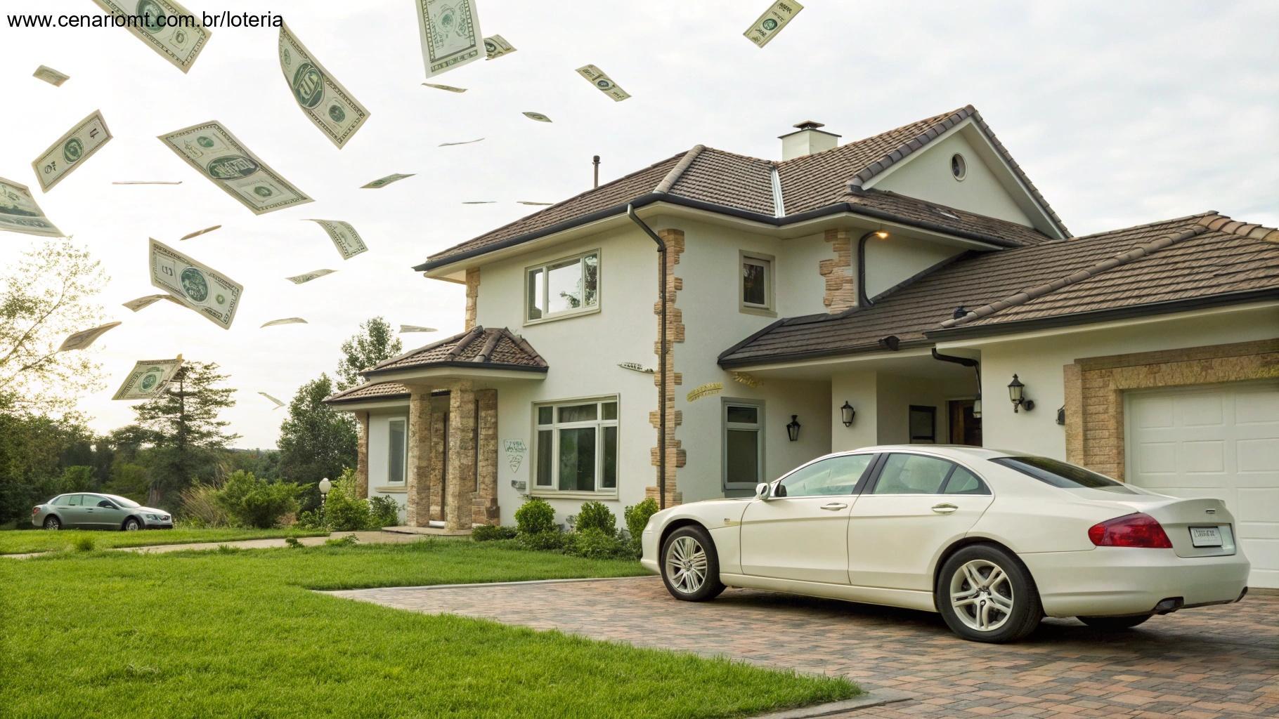 Casa, carro e dinheiro representando os prêmios da Loteria Federal.