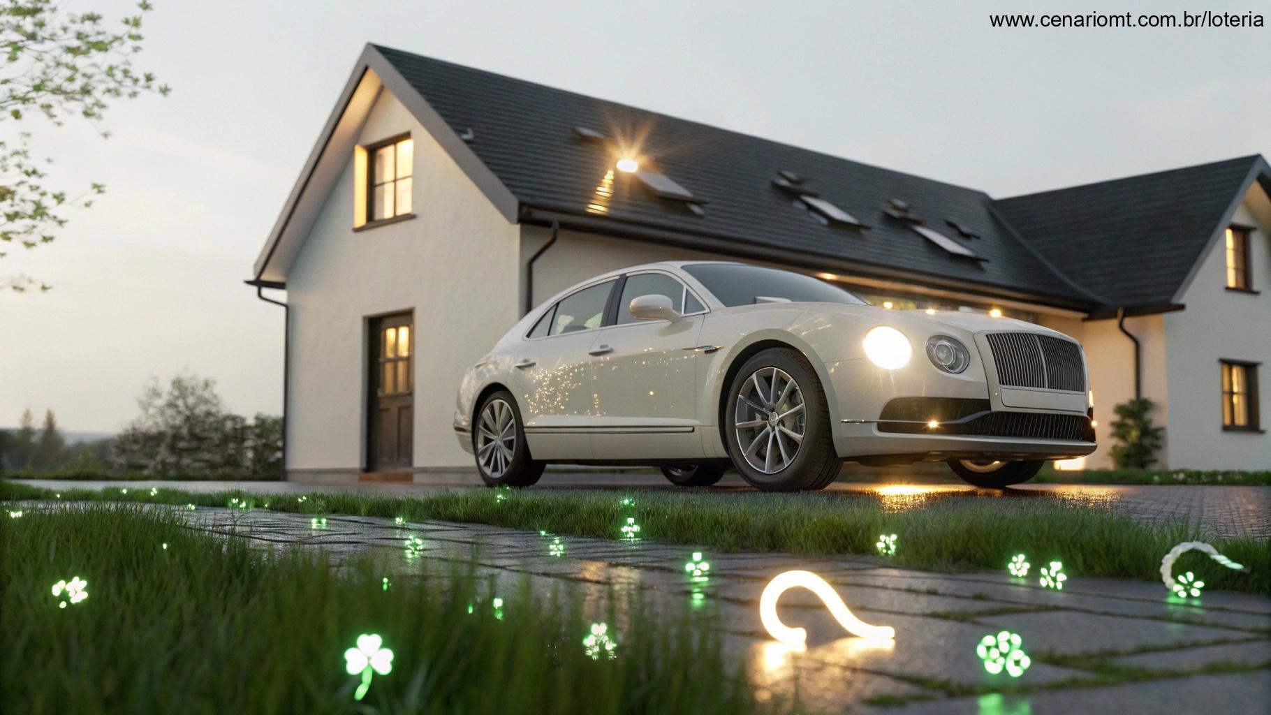 Casa simples e carro de luxo com símbolos de sorte em volta, representando prêmio da Dia de Sorte