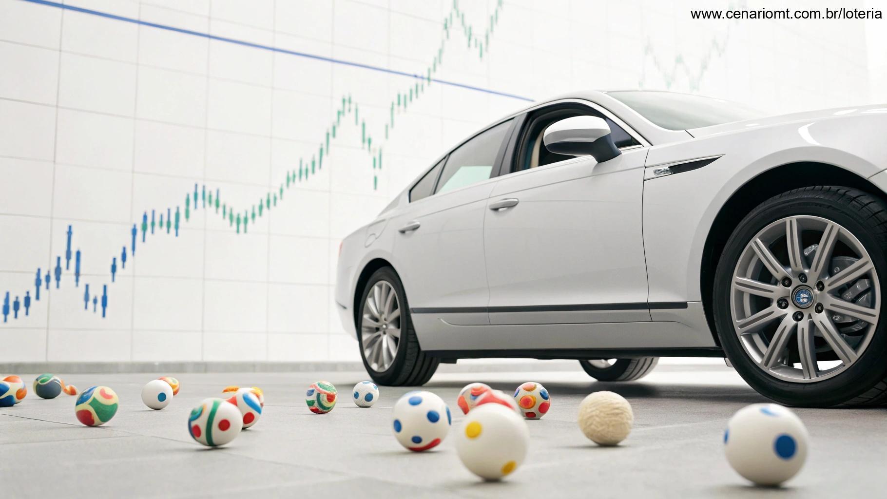 Carro moderno ao lado de elementos de sorte como bolas de loteria e gráficos