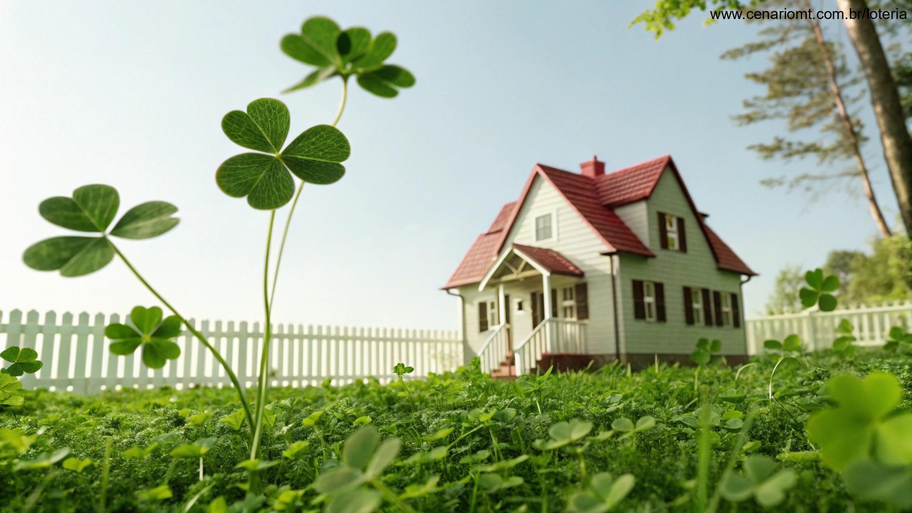 Casa aconchegante com jardim verde e folhas de trevo ao redor