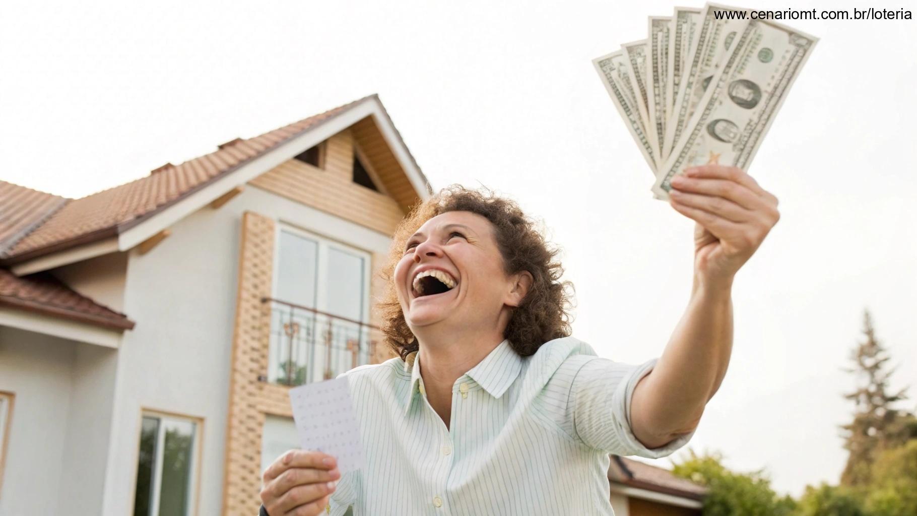 Pessoa feliz comemorando com um bilhete de loteria e dinheiro ao fundo.